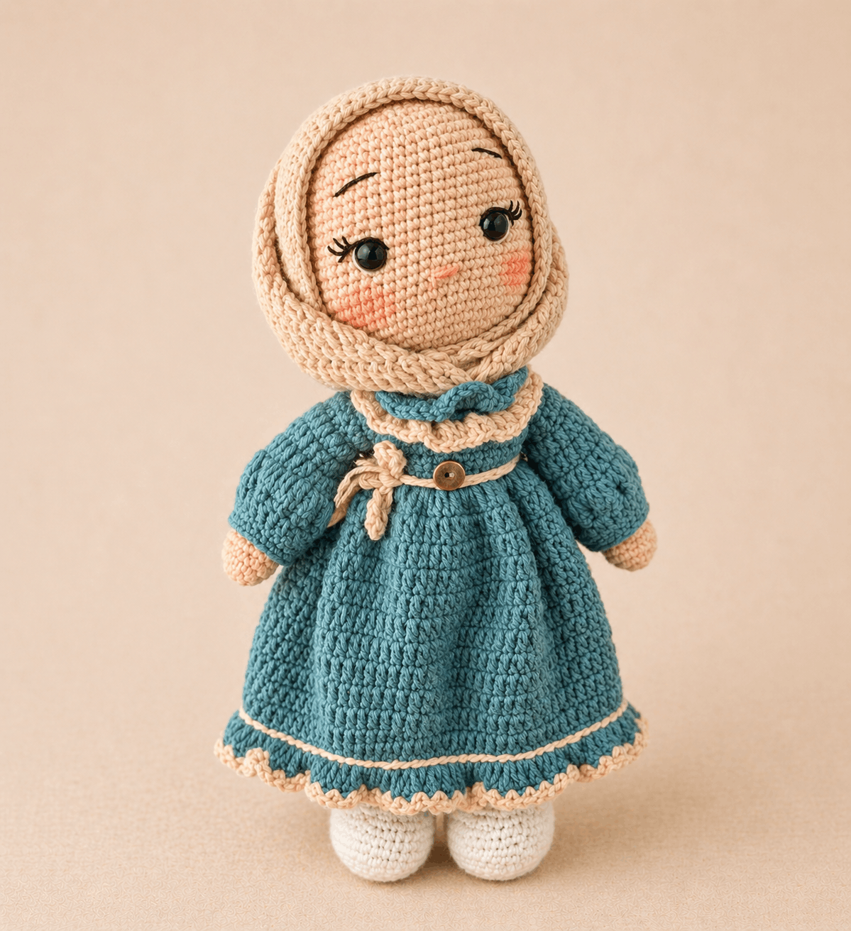 Lieve Gehaakte Pop met Hijab en Petrolgroene Jurk – Modest Fashion Doll